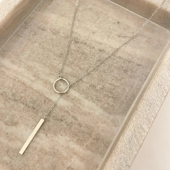 925 Sterling Silver Lariat Necklace Circle & Bar Drop Necklace Minimalist Chain - Picture 3 of 8